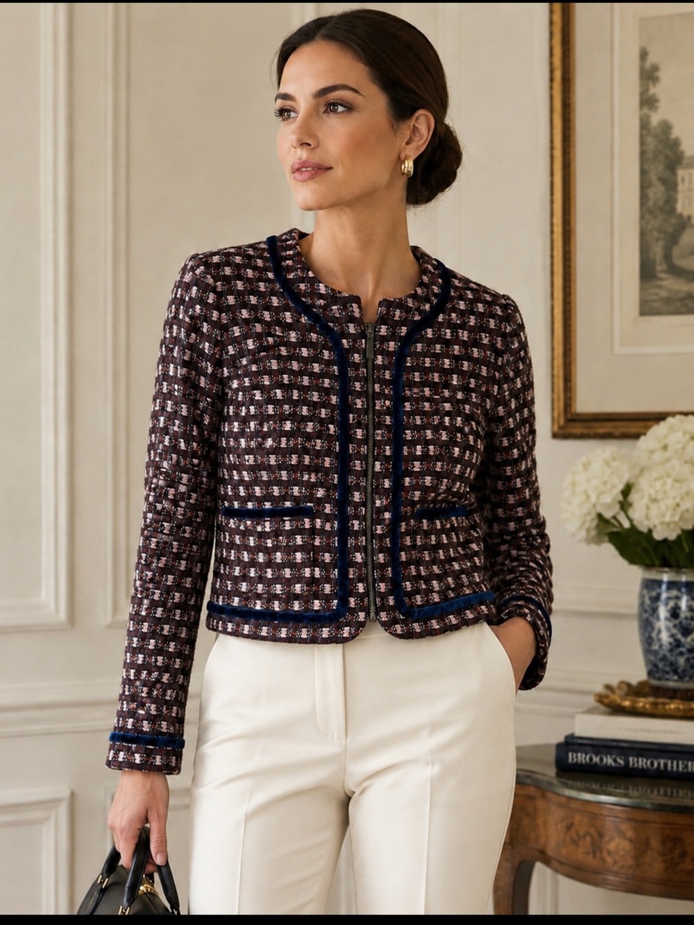 Brooks Brothers Navy and Brown Tweed Cropped Blazer - Picture 3 of 16